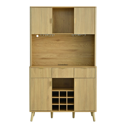 U_Style 72.2" High Kitchen or Bar Cabinet with Electrical Outlet and LED Light, Wine Bottle Storage with Nine-Grid Wine Rack,Multi-Functional Home Sideboard for Dining Room, and Hallway