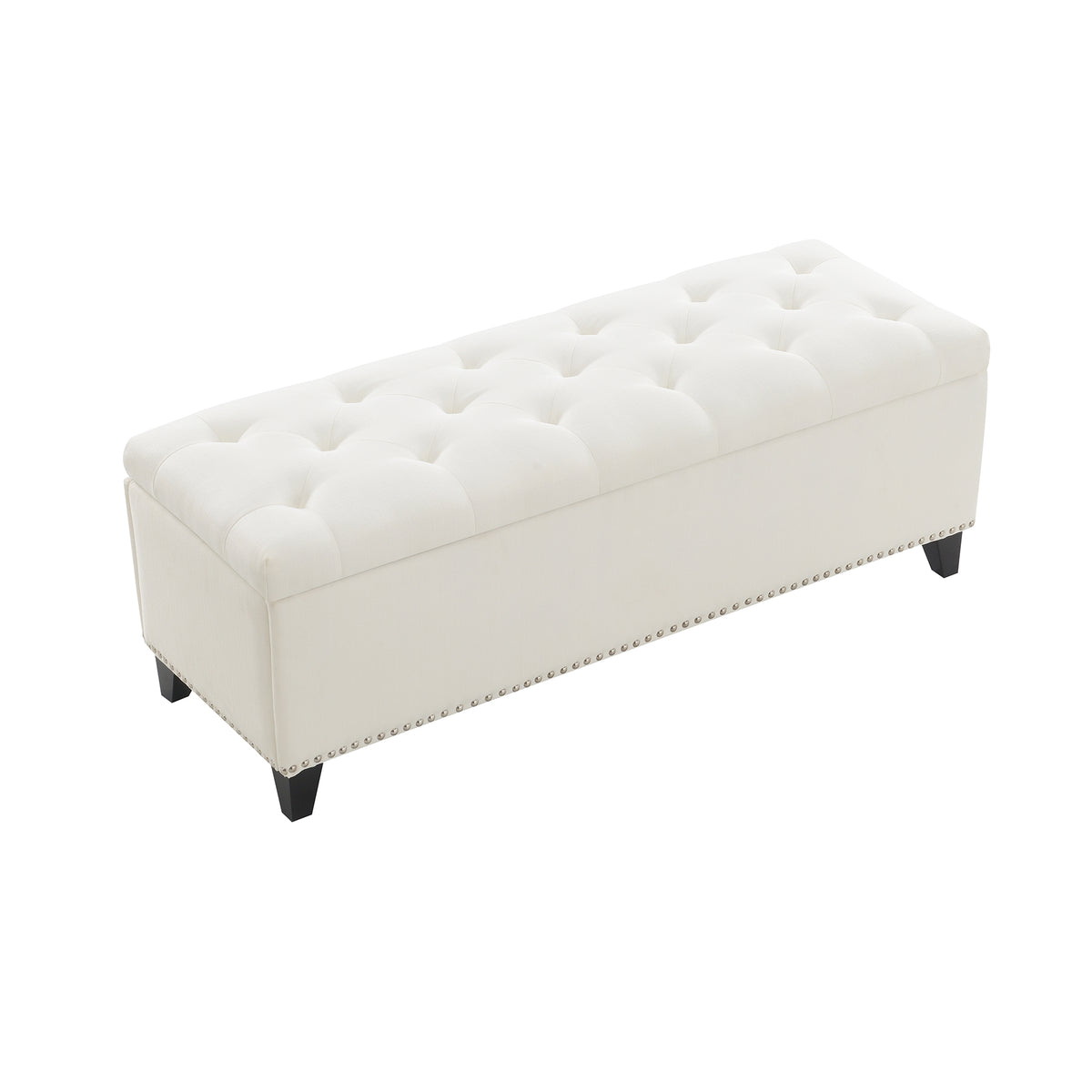 Beige Linen Button-Tufted Storage Ottoman with Safety Close Hinge, 47.5" x 16.5" x 16.25", Plywood Frame, High-Density Foam Cushion