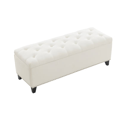 Beige Linen Button-Tufted Storage Ottoman with Safety Close Hinge, 47.5" x 16.5" x 16.25", Plywood Frame, High-Density Foam Cushion