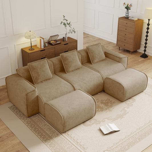 Streamlined Design Modular 3 Seat U Shape Sectional Boneless Sofa with French Edge Piping, No Assembly Required,3-Seat Sofa Couch with Throw Pillows and 2 Movable Ottomans, Velvet Fabric Brown
