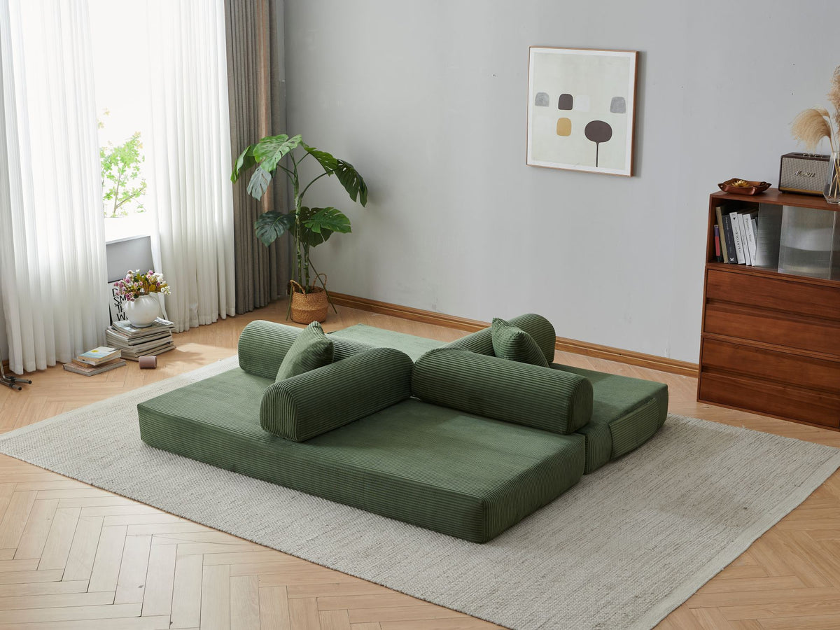 78.8' Compression Sofa,Convertible Floor Sofa Bed-with Pillow Back Support Armrest,Comfy Futon Couch Sleeper Bed,Loveseats Boneless Modular Sectional Sofa,Corduroy fabric,for Living Room,Bedroom,Green