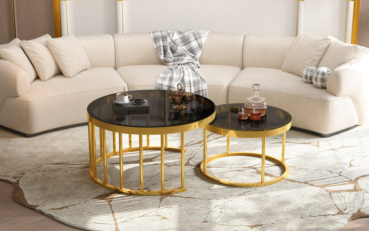 Round Nesting Coffee Table Set of 2, Modern Gold Metal Frame Circular Cocktail Table, Tempered Glass Top Accent Nesting Tables for Living Room, Apartment