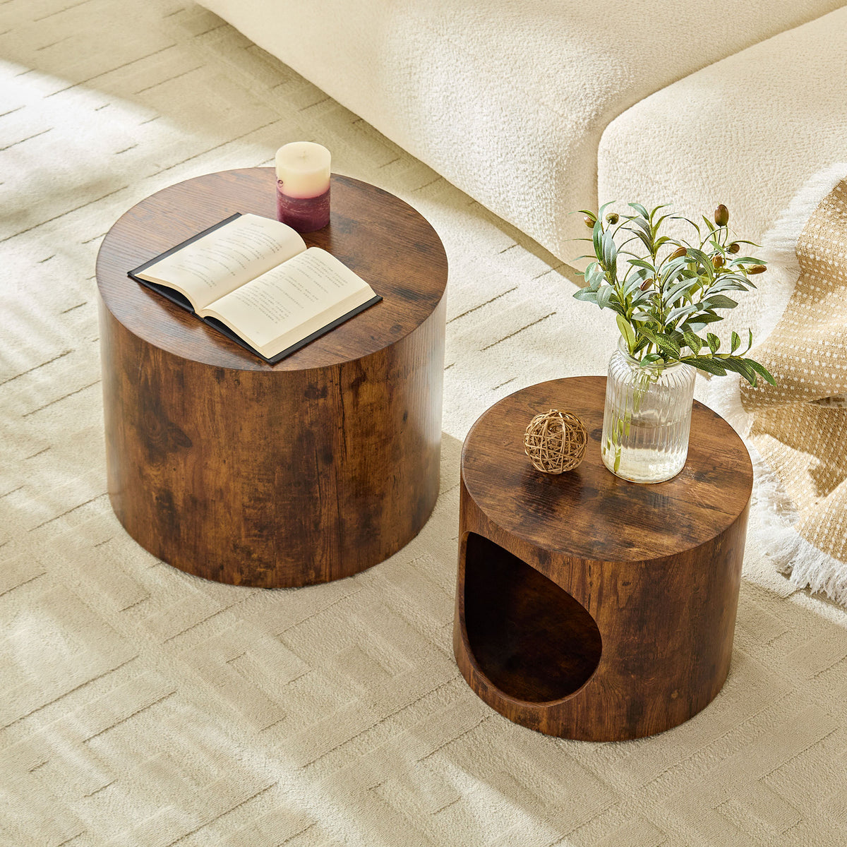 Cat Nest Nesting Stool Set Round Nesting Coffee Table Set of 2 for Living Room,No Assembly Dark Brown