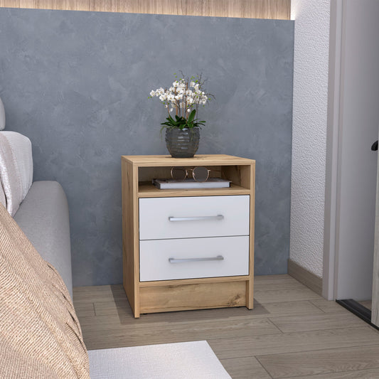 Nightstand 20"H, Two Drawers, Superior Top, Metal Handles, White / Light Oak