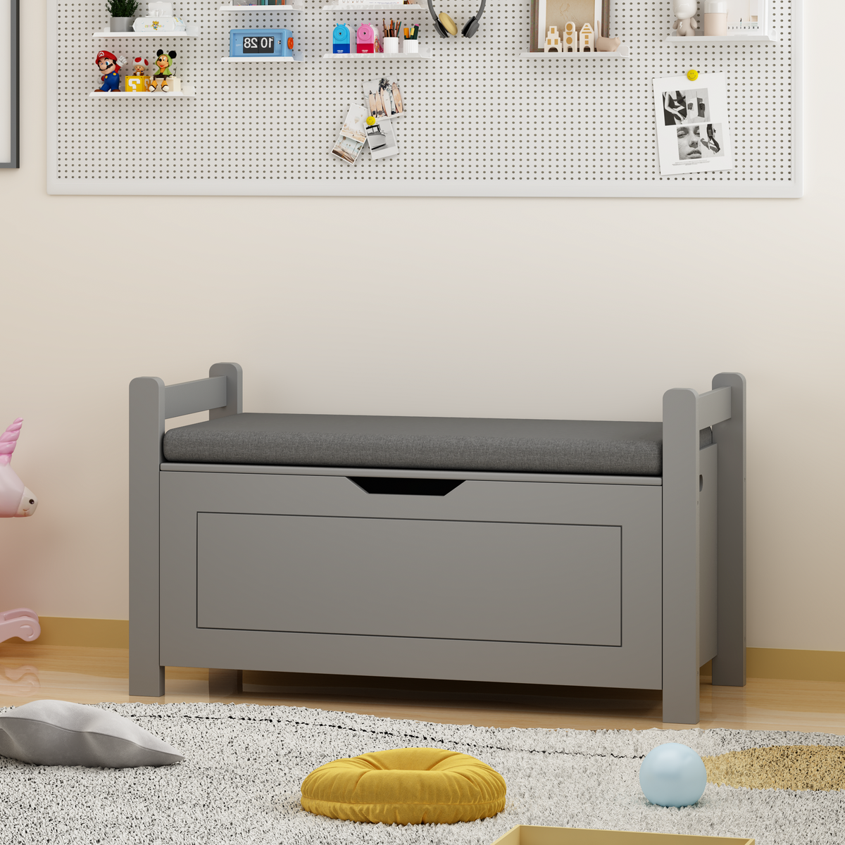 Kids Toy Box Chest for Boys Girls, Large Storage Cabinet with Cushion Seat Bench/ Flip-Top Lid/ Safety Hinge, Toy Storage Organizer Trunk for Nursery, Playroom (Gray)