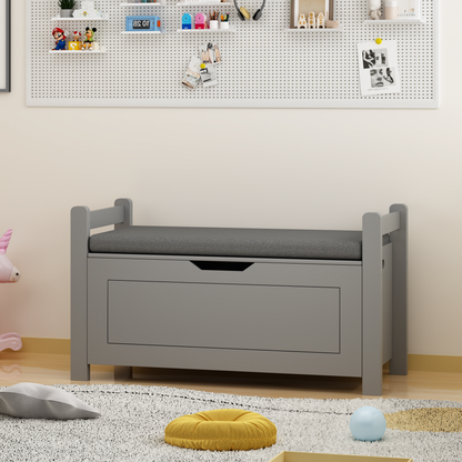 Kids Toy Box Chest for Boys Girls, Large Storage Cabinet with Cushion Seat Bench/ Flip-Top Lid/ Safety Hinge, Toy Storage Organizer Trunk for Nursery, Playroom (Gray)