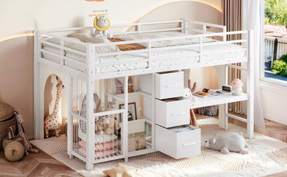 Twin Metal Low Loft Bed for Kids, Low Loft Bed with Storage Drawer, Low Loft Bed with Bookshelf & Built-in Desk, Sturdy Low Loft Bed Frame, Multi-Function Low Loft Bed for Kids.White