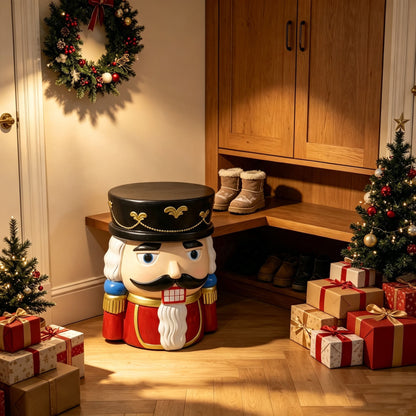 19'' Classic Nutcracker Soldier Stool, Retro Christmas Character Side Table Decor, Indoor & Outdoor Creative Figurine Seat for Patio, Garden, Living Room Home Decor