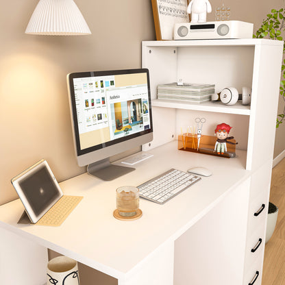 White Computer Desk with 4-in-1 Socket, the Desk with 3 Slide Drawers and 4 Storage Levels, the Wooden Desk is Suitable for a Variety of Places