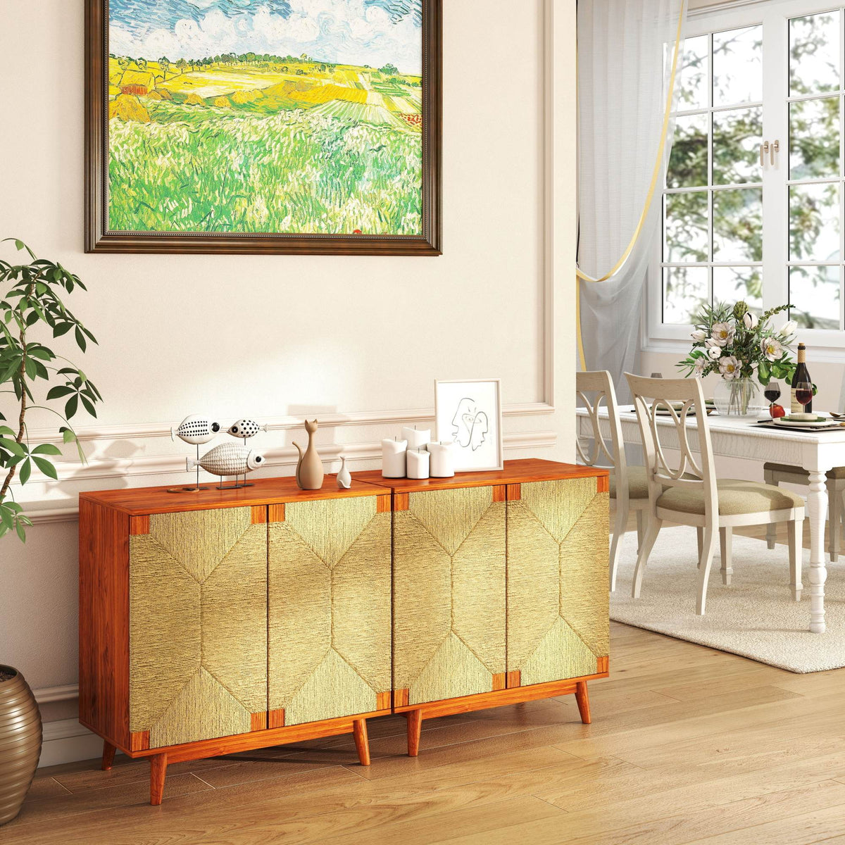 Mid Century Boho Freestanding Accent Cabinet, Handmade Paper Rope Woven Push-to-Open Double Doors, , Adjustable  Shelf, Sideboard Storage Cabinet for Kitchen Entryway  Living Room