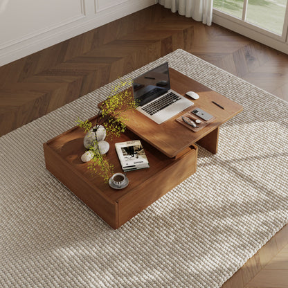 Luxury Walnut Wood Square Coffee Table with Large Hidden Storage, Expandable Tabletop Center Table for Living Room, Modern Accent Table with Drawers (59" Walnut Coffee Table)