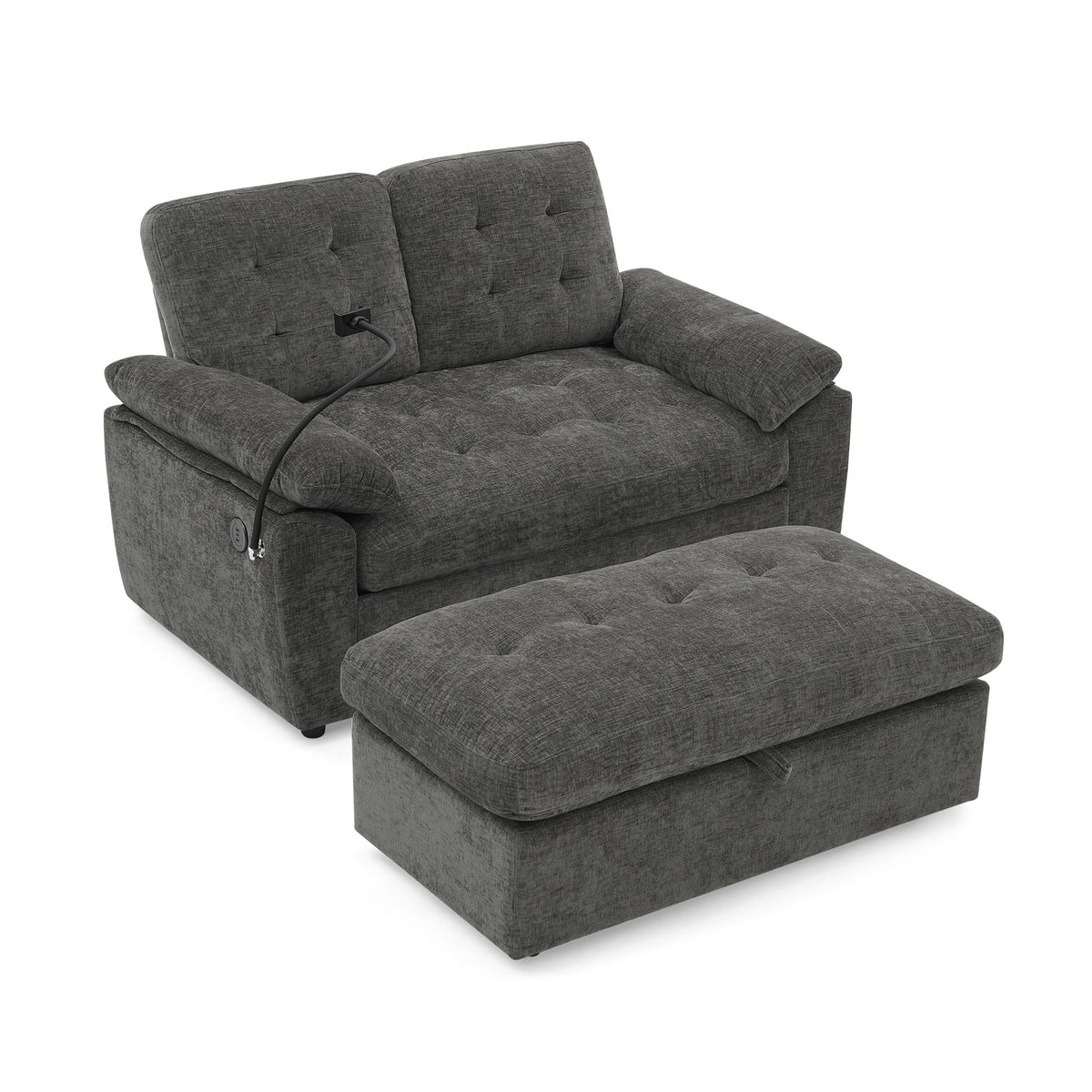 Leisure sofa chair,Double sofa recliner, with manually adjustable backrest, soft padded armrests, side USB charging port and phone stand, comes with a matching storage ottoman-Gray