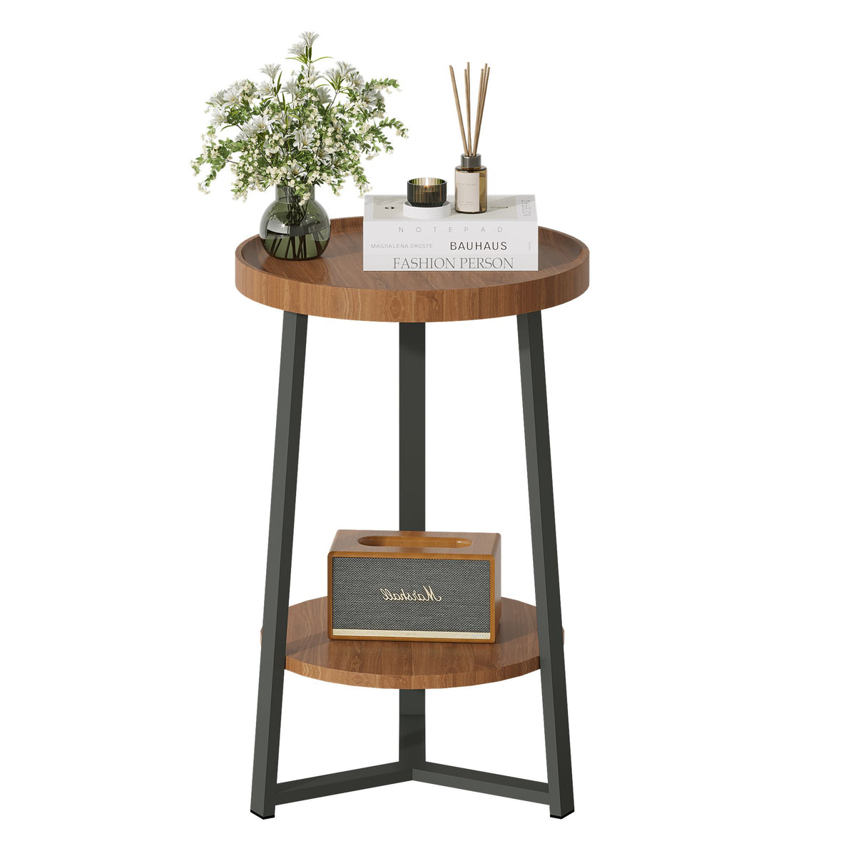 End Table with Storage, 2-Tier Small Round Side Table, Farmhouse Accent Table & Nightstand for Living Room, Bedroom & Small Spaces, Wood Top, Black Metal Frame, Brown