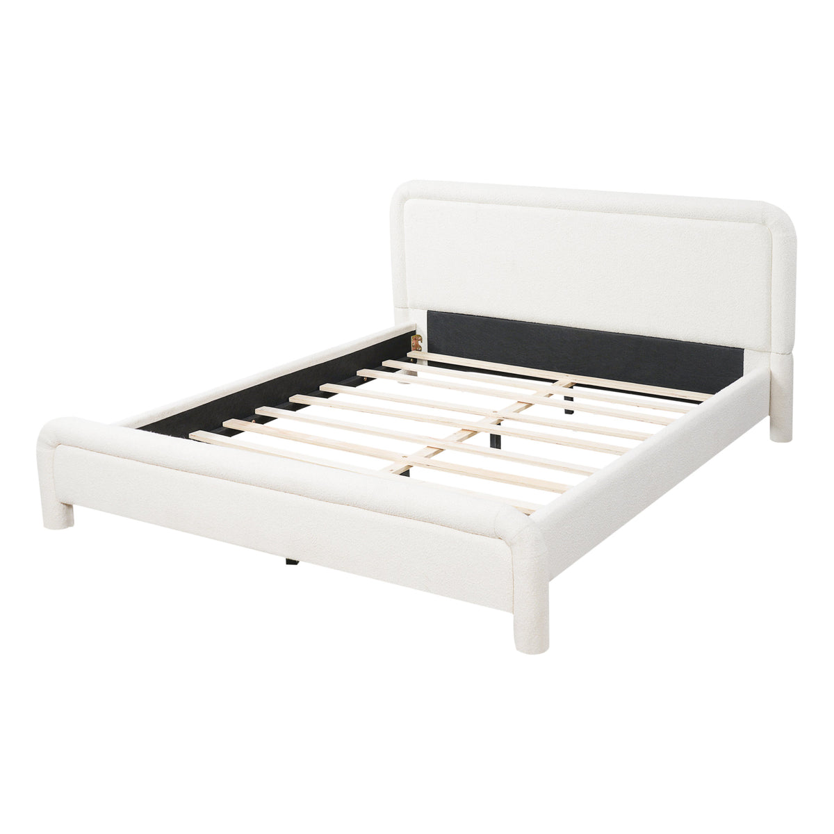 Modern White Boucle Upholstered Queen Platform Bed Frame with Curved Headboard, Wood Slats Support, No Box Spring Needed, Easy Assembly