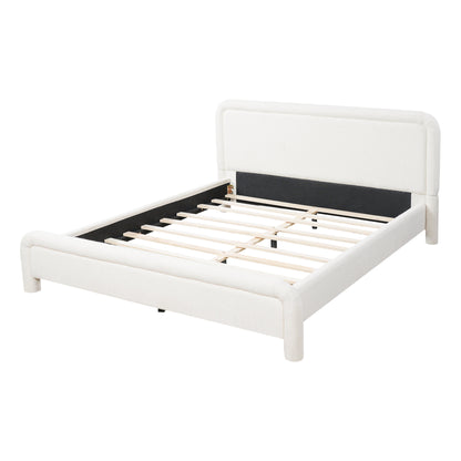 Modern White Boucle Upholstered Queen Platform Bed Frame with Curved Headboard, Wood Slats Support, No Box Spring Needed, Easy Assembly