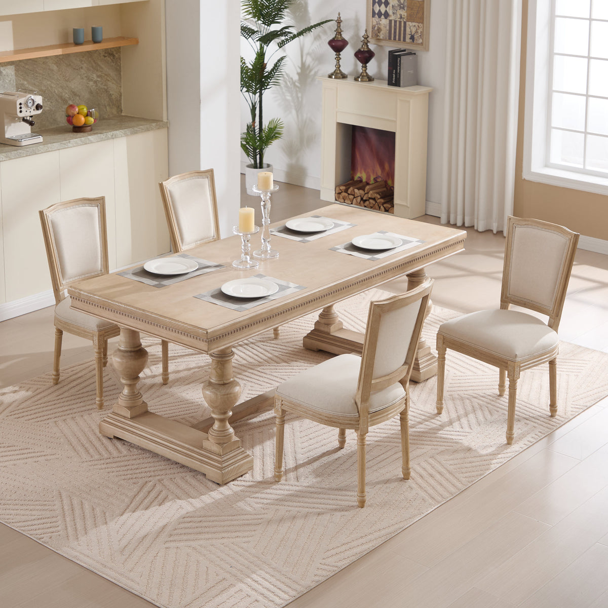 French Country Dining Chairs Set of 2, Upholstered Chairs with T-shaped Back, Wire drawing and carving techniques, Disassemblable