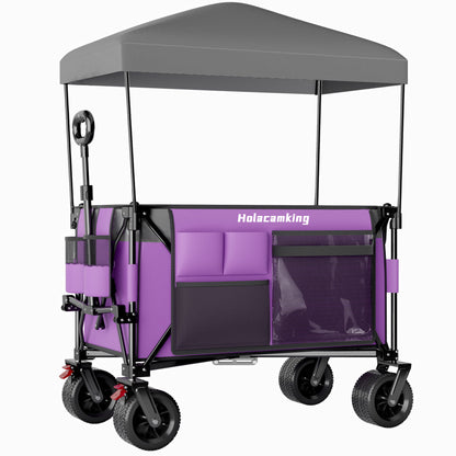 Multi-Functional Pull Folding Wagon Cart with Flexible Handle & Canopy, Heavy Duty Utility Cart with 7"x4" All-Terrain Wheels for Camping, Transport, Groceries, Sports, 520LBS/240L, Purple