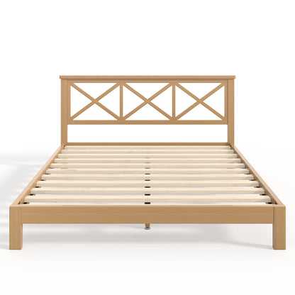 Queen Platform Bed with ''X'' Design Headboard, Bamboo-made Bed Frame Queen Size with Suppport Slats, Mid-century Style, Natural