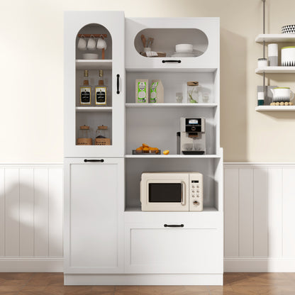 TREXM Tall Freestanding Kitchen Pantry Cabinet with Arched Glass Door, Flip-Up Cabinet Door, Pull-Out Shelves & Drawer, Adjustable Shelves, Storage Cupboard for Kitchen Dining Room (White)