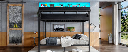 Queen over Queen Size Metal Bunk Bed with Storage Shelves and Pegboard, Bunk Bed Frame with USB Ports and LED Lights, Space-Saving, for Teens and Adults, Black