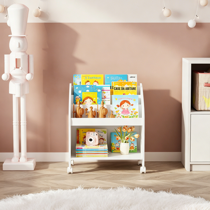 Kids Bookshelf with Wheels, 3-Tier Front Display Bookcase, MDF Rolling Book Organizer with 360° Lockable Casters, Children Storage Shelf for Nursery Bedroom Playroom