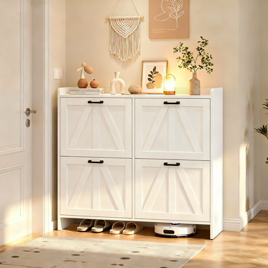 White Modern Fence Shoe Cabinet with 4 Flip Drawers, Sleek Space-Saving Entryway Organizer for Living Room