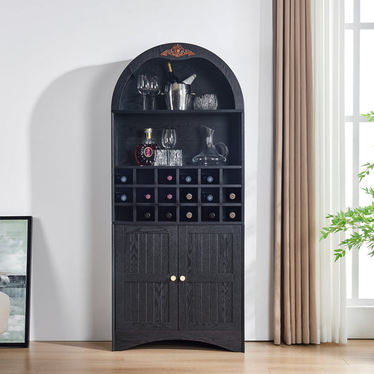 Arched Wood Wine Cabinet with Removable Wine Rack, MDF Anti-Scratch Surface Storage Bar Cabinet with Adjustable Shelves, Anti-Tip Freestanding Liquor Bookcase for Living Room Dining Room