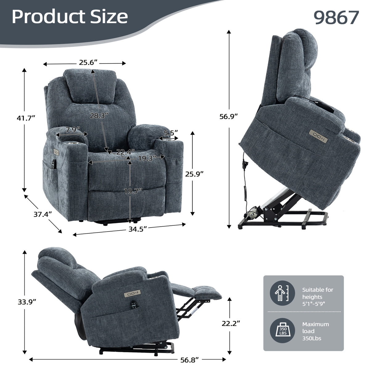 Up to 350 LBS Chenille Power Lift Recliner Chair, Heavy Duty Motion Mechanism with 8-Point Vibration Massage and Lumbar Heating, USB and Type-C Ports, Stainless Steel Cup Holders, Blue