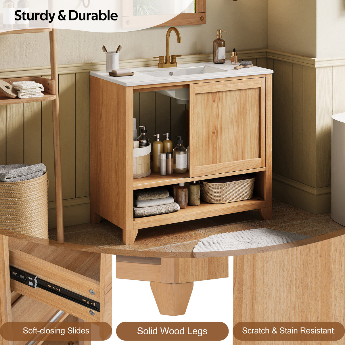 [Video] 36" Bathroom Vanity with Ceramic Sink, Bathroom Cabinet with Drawers, Solid Wood Legs, Soft-close Slides, Single Package, Natural