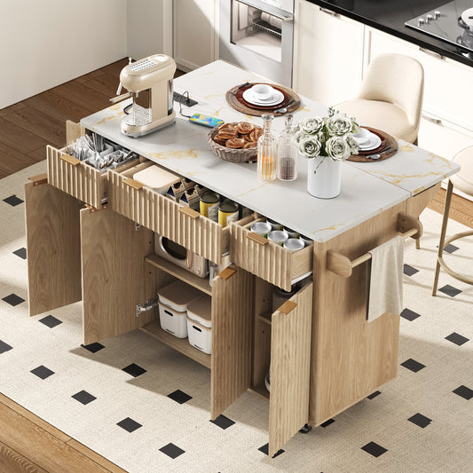 K&K Fluted Kitchen Island with Storage, 55.5" Kitchen Island with Drop Leaf, Power Outlet, 4 Doors and 3 Drawers, Rolling Island Table with Faux Marble Top, Curved Edge for Kitchen,Dining Room Natural