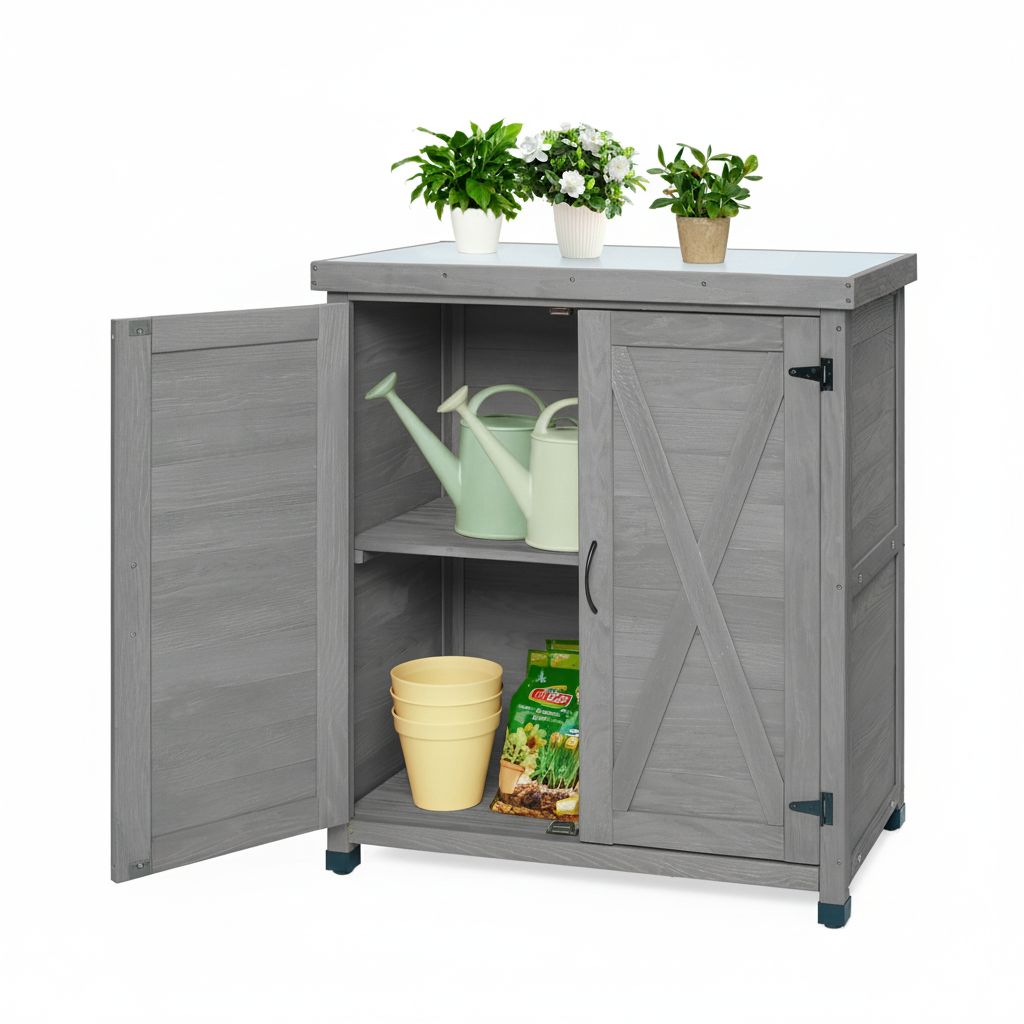 Potting Bench with Storage Cabinet and Metal Table Top for Outdoor Patio, Outdoor Work Station Table – Gray