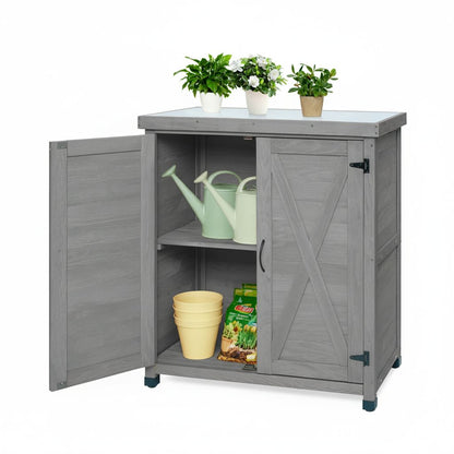 Potting Bench with Storage Cabinet and Metal Table Top for Outdoor Patio, Outdoor Work Station Table – Gray