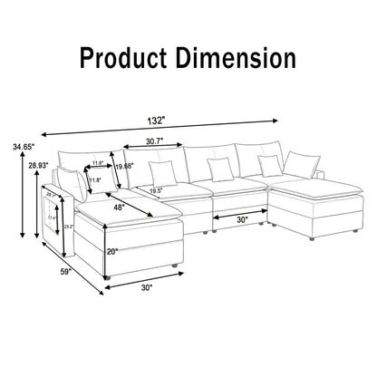 132' Cloud Modular Sectional Sofa, Deep Seat U Shaped Couch with Ottoman, Chenille Upholstered Sofa with Chaise, Plush Cushions, 6 Seat Modern Comfy Couch for Living Room & Apartment, Black