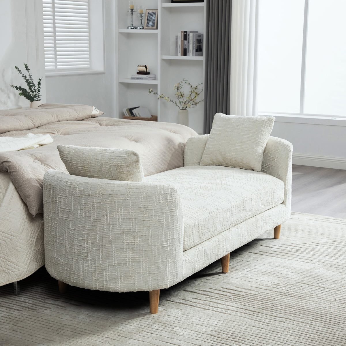 77.17" Wide Modern Upholstered End of Bed Bench with Armrests, Chenille Chaise Lounge Couch with 2 Bolster Pillows, Daybed with Rubberwood Legs For Living Room,Bedroom,Apartment,Guestroom,BEIGE