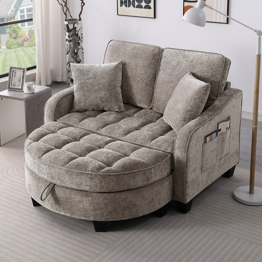 Two-seater sofa, double sofa chaise longue, with irregular armrests and backrests, footrest with storage space – Brown