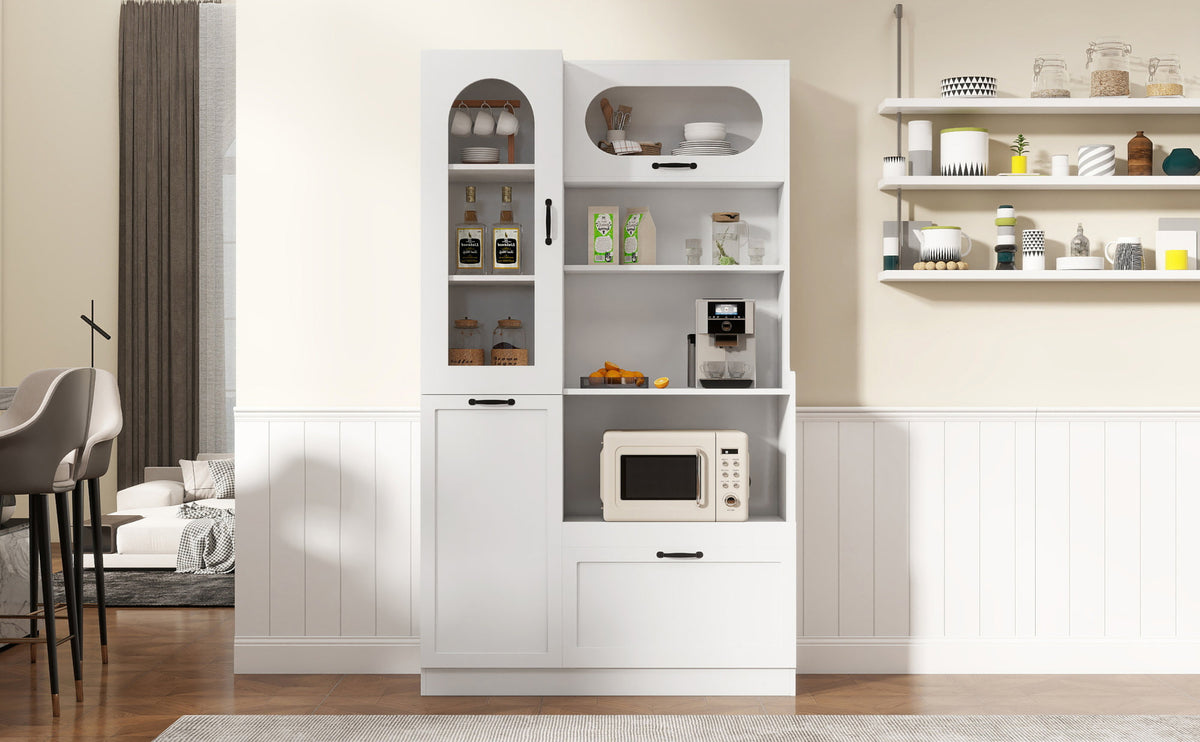 TREXM Tall Freestanding Kitchen Pantry Cabinet with Arched Glass Door, Flip-Up Cabinet Door, Pull-Out Shelves & Drawer, Adjustable Shelves, Storage Cupboard for Kitchen Dining Room (White)