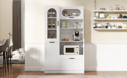 TREXM Tall Freestanding Kitchen Pantry Cabinet with Arched Glass Door, Flip-Up Cabinet Door, Pull-Out Shelves & Drawer, Adjustable Shelves, Storage Cupboard for Kitchen Dining Room (White)