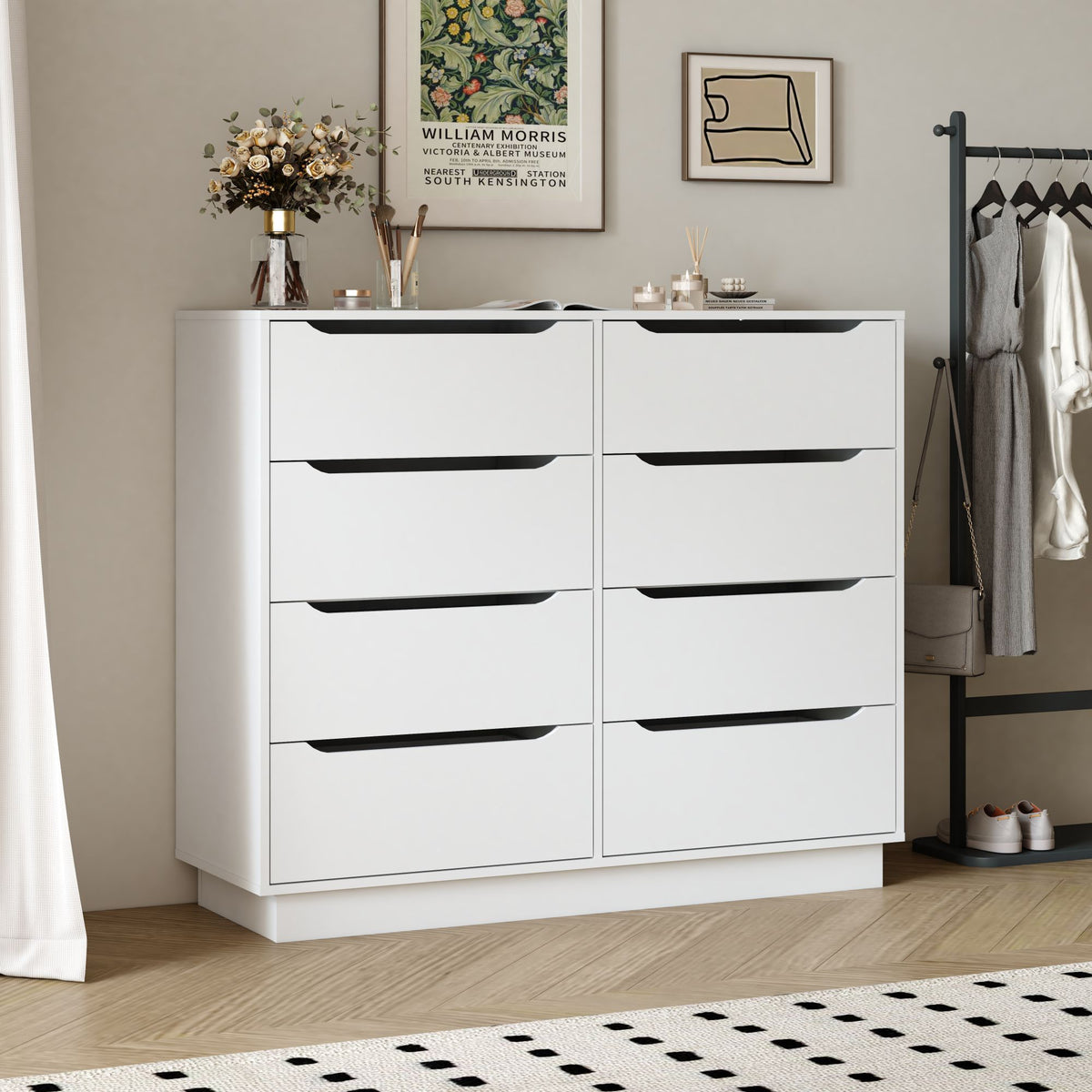 White Dresser, Long Dresser with 8 Drawers, 47.2''W Wooden Dressers Chest of 8 Drawers, Large Capacity Clothing Storage Cabinet