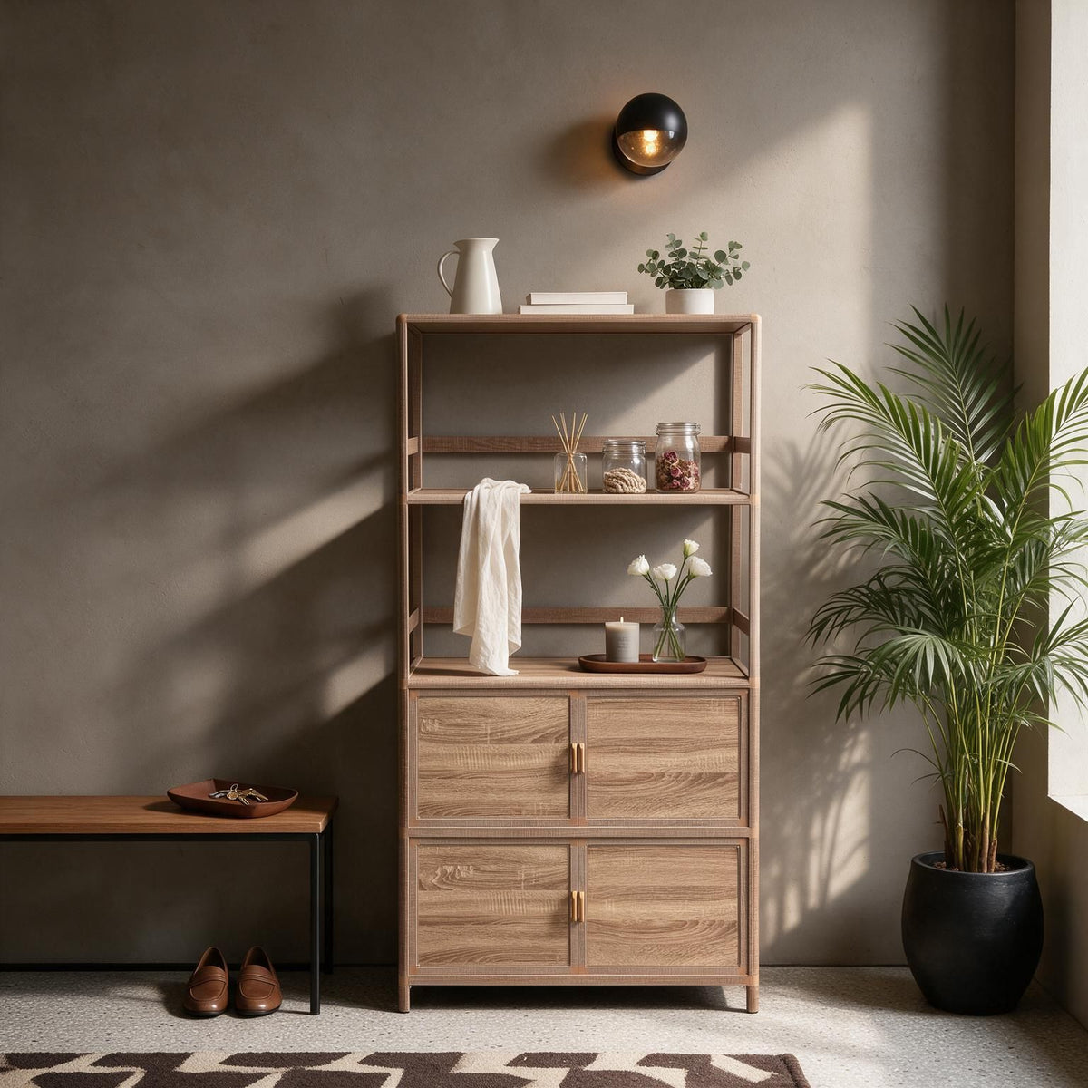 Tall Storage Cabinet with Open Shelving, 35.00" W x 16.73" D x 68.11" H, Freestanding Wood-Grain Aluminum Storage Cabinet with 4-Door Closed Storage for Kitchen, Entryway, Patio & Garage