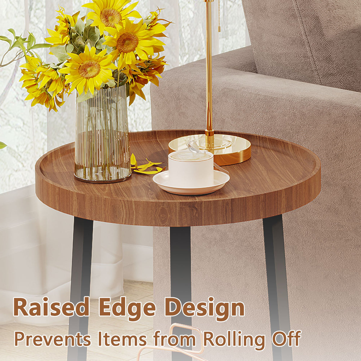 End Table with Storage, 2-Tier Small Round Side Table, Farmhouse Accent Table & Nightstand for Living Room, Bedroom & Small Spaces, Wood Top, Black Metal Frame, Brown