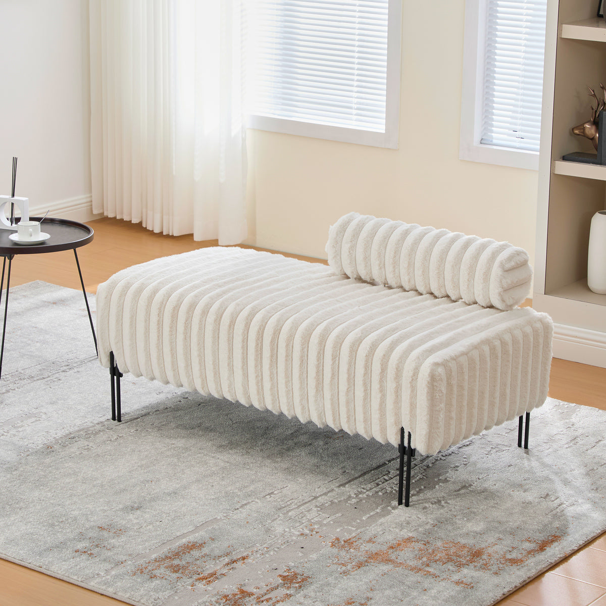 Elegant Upholstered Mini Loveseat with Adjustable Backrest, Beige Faux Fur, 49.6" Wide