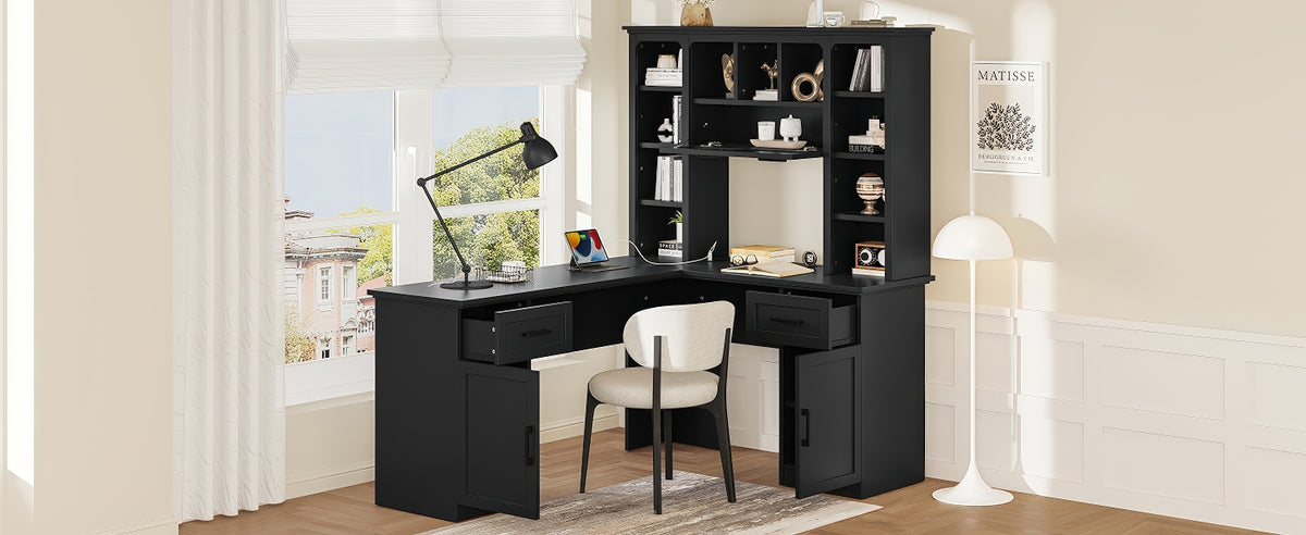 L-shaped computer desk with 2 cabinets and 2 drawers underneath the table