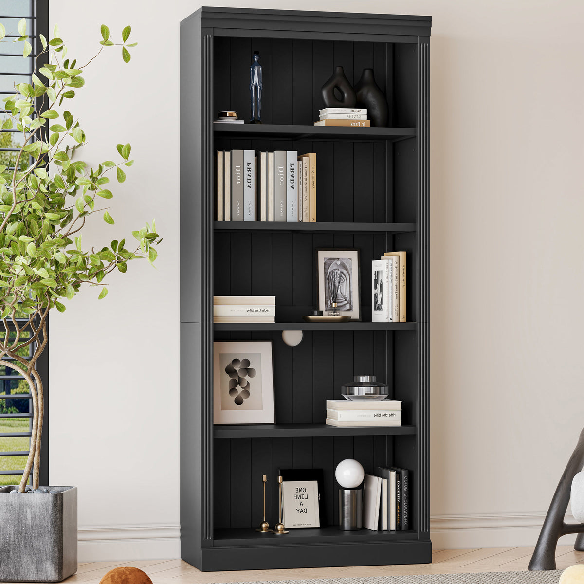 83.4' Tall Wood Bookcase with light strip,5-Tier Decor Bookshelves with Adjustable Shelves,Storage Organizer for CDs/Books/Movies,Free Standing Storage Shelves for Living Room,Home Office,Black