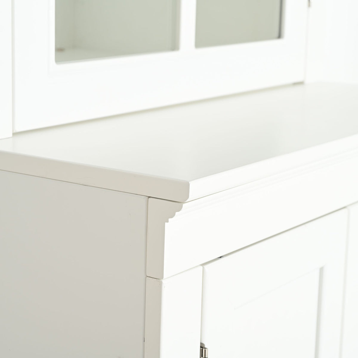 75.25'' Tall Freestanding Pantry Cabinet with Glass Door & Lattice Window, Farmhouse Display Cabinets with Storage, Hutch with Double-Action LH&RH Door, for Hallways, Livingroom Kitchen & Office,White