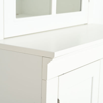 75.25'' Tall Freestanding Pantry Cabinet with Glass Door & Lattice Window, Farmhouse Display Cabinets with Storage, Hutch with Double-Action LH&RH Door, for Hallways, Livingroom Kitchen & Office,White