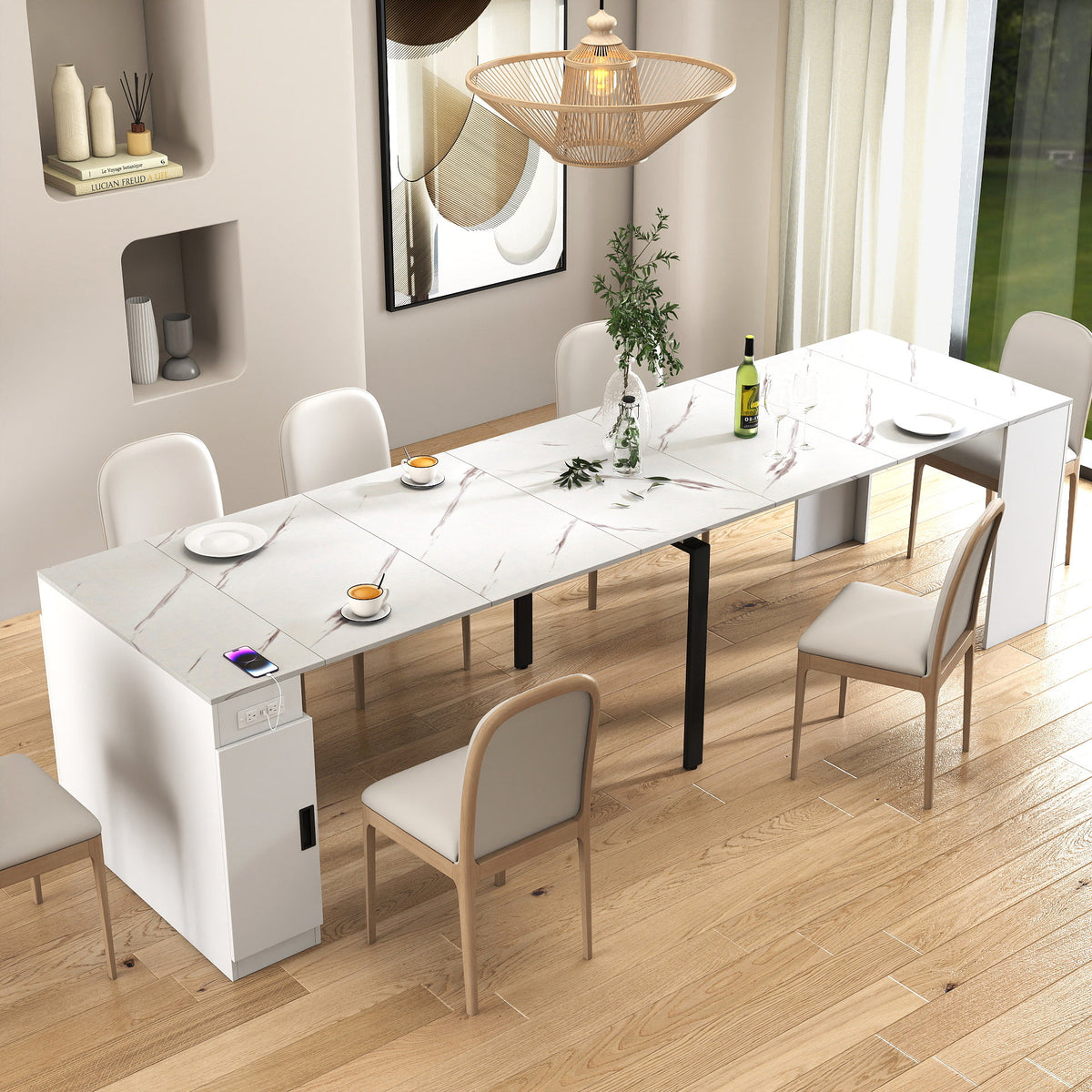 Modern Multifunctional Extendable Dining Table with Outlet, Space Saving Expanding Table with Storage for Party, Weddings, Meetings