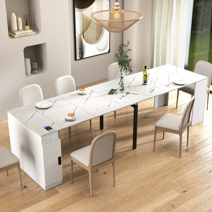 Modern Multifunctional Extendable Dining Table with Outlet, Space Saving Expanding Table with Storage for Party, Weddings, Meetings