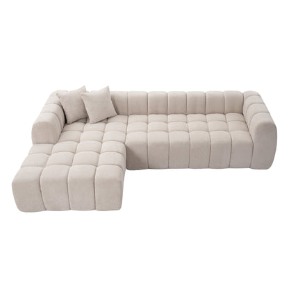 111.3" Camel Tufted Bubble Modular Sectional Sofa, Vacuum Compressed Foam L Shape Cloud Couch, Boucle Teddy Fabric Plush Corner Sofa with Pillows, Boneless Compression Sofa for Living Room.