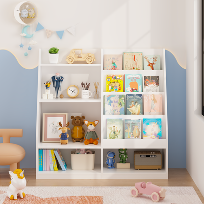 Kids Bookshelf and Toy Storage Organizer, Multifunctional 4 Tier Wooden Kids Book Shelf with Bookcase Display Stand in Kids Room Playroom Nursery for Kids, Children, Toddlers (White)