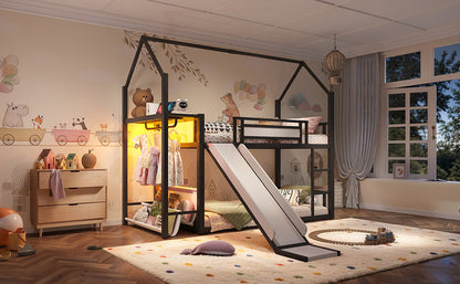 Twin Over Twin Metal Bunk Bed with Slide, LED Clothing Hanging Area, Fabric Storage Shelf & Power Outlet, Childlike Playhouse bunk bed Frame with low-profile design for Kids Girls,boys, Black